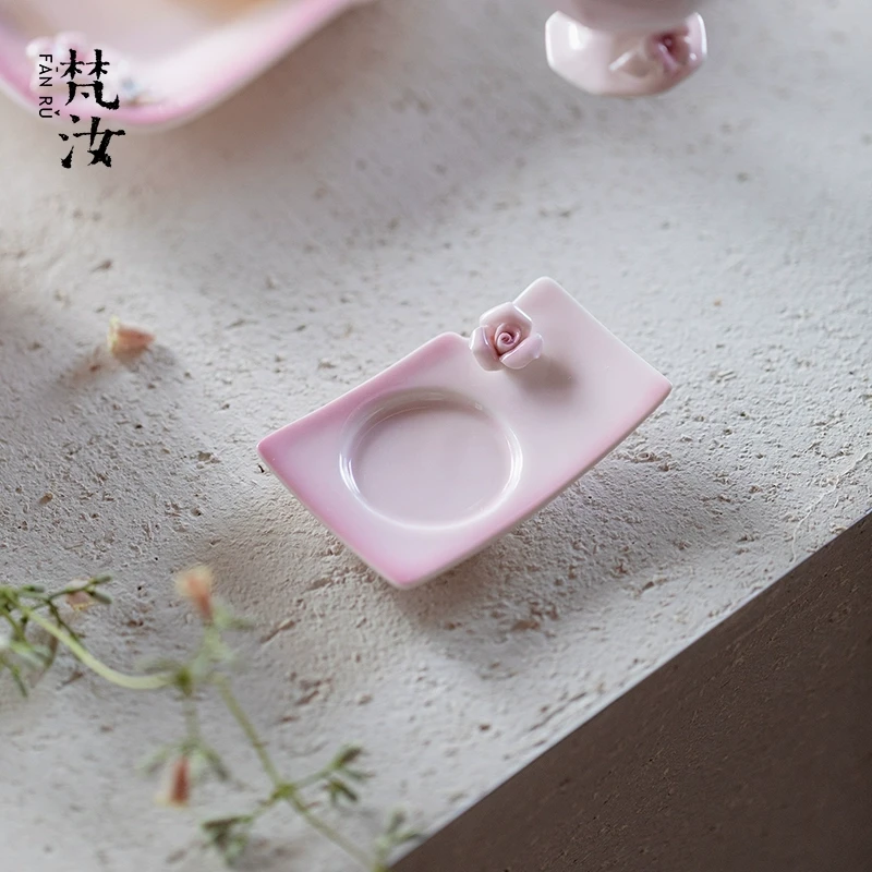 蔓颜 玉泥白瓷梦幻粉手捏方形杯垫茶桌摆件家用茶道零配件