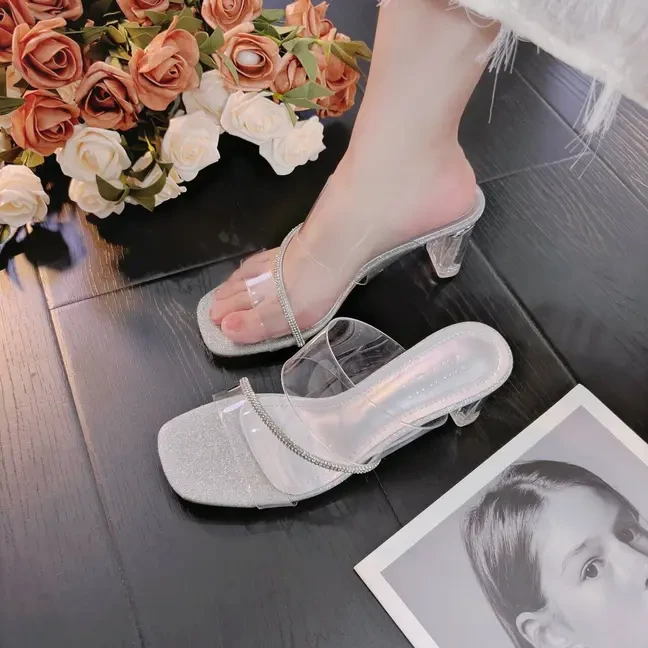 【真皮羊皮】透明凉鞋女2025年夏季新款高跟鞋粗跟水晶跟外穿凉拖鞋