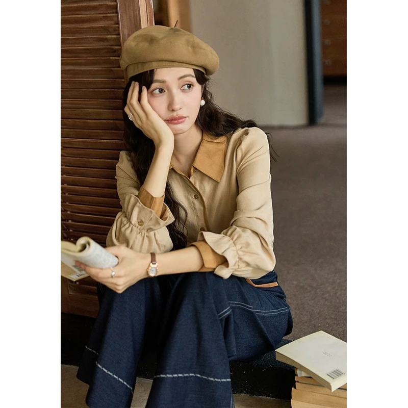 【直播专属】谜秀撞色衬衫韩版复古显瘦宽松休闲上衣MXD45C0342