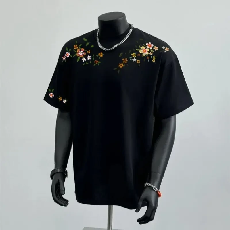 男短袖t恤夏季新款重磅纯棉男士环领花朵印花宽松圆领潮流半袖T恤