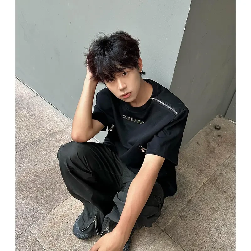 欧美高街垫肩短袖男夏季多拉链设计感小领口T恤高级感痞帅五分袖