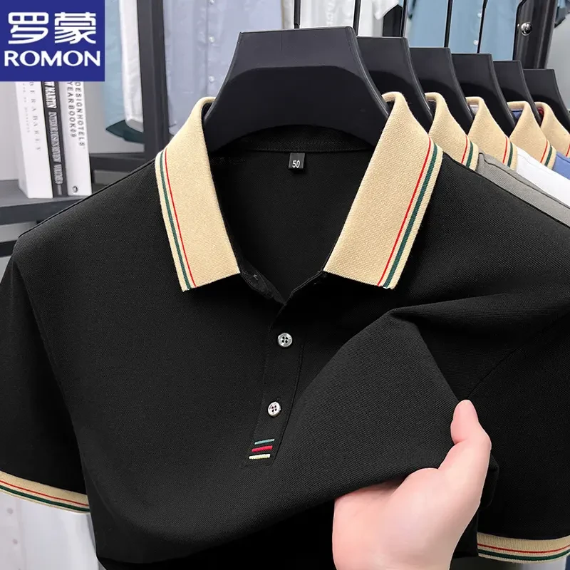 罗蒙夏季新款男士时尚短袖上衣宽松透气中青年翻领降温凉爽T恤衫