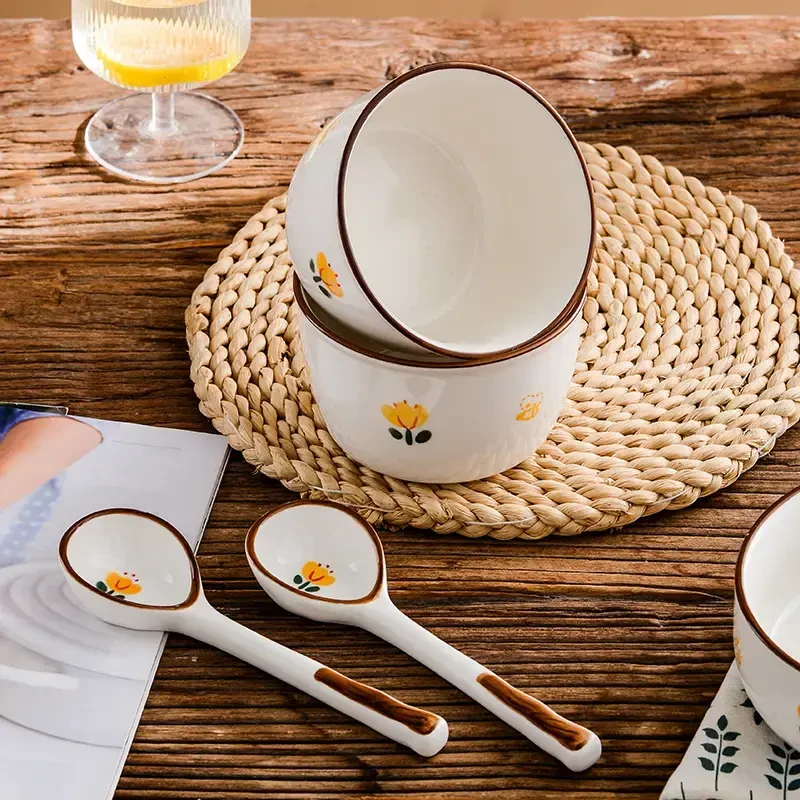 玫瑰皇后米饭碗4.5英寸长柄勺子组合家用郁金香吃饭碗网红ins风格