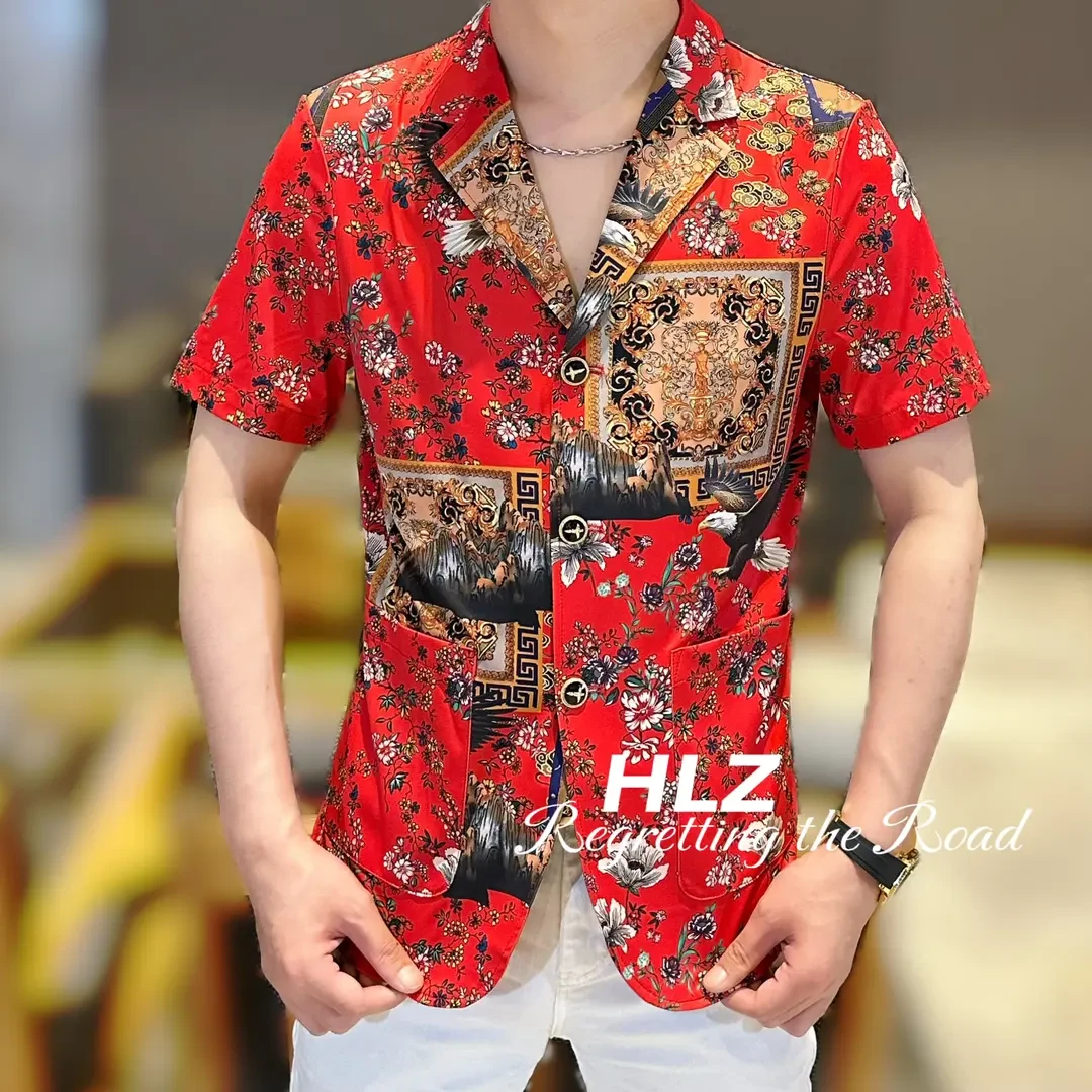 2025夏季新款修身男士休闲上衣时尚雄鹰展翅印花百搭西服短袖衬衫