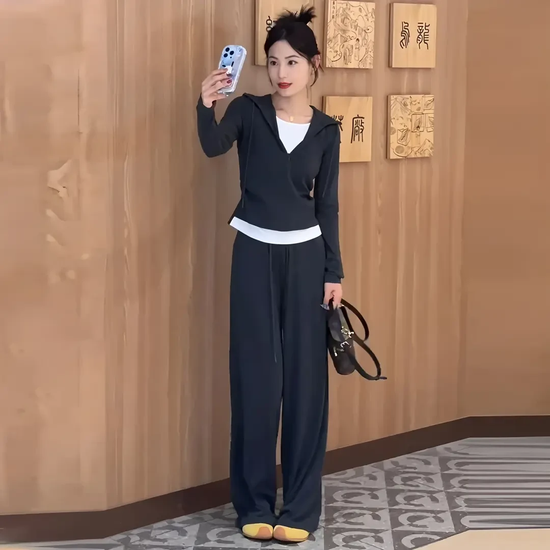 简约休闲运动套装女2025春秋新款假两件上衣直筒裤显瘦两件套套装