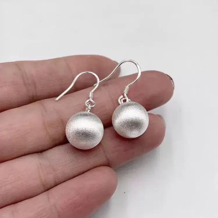 999纯银色耳饰9999时尚耳环女款千足银时尚简约拉丝圆球耳钩轻奢