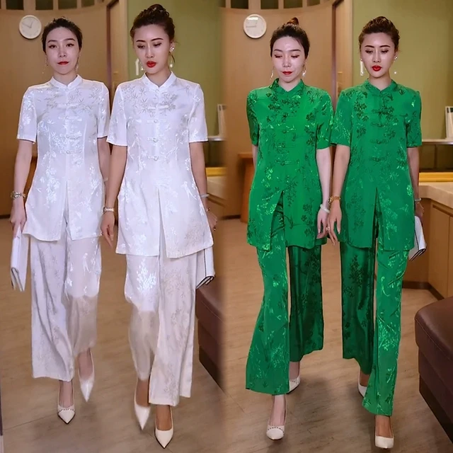 新中式时尚套装女24夏季立领复古盘扣开叉中长款t恤阔腿裤两件套