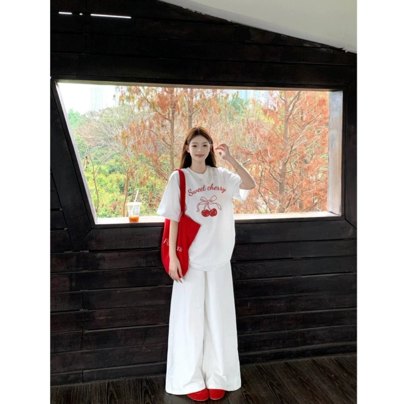 樱桃白色纯棉短袖女t恤夏季2025新款宽松爆款设计感上衣宽松显瘦