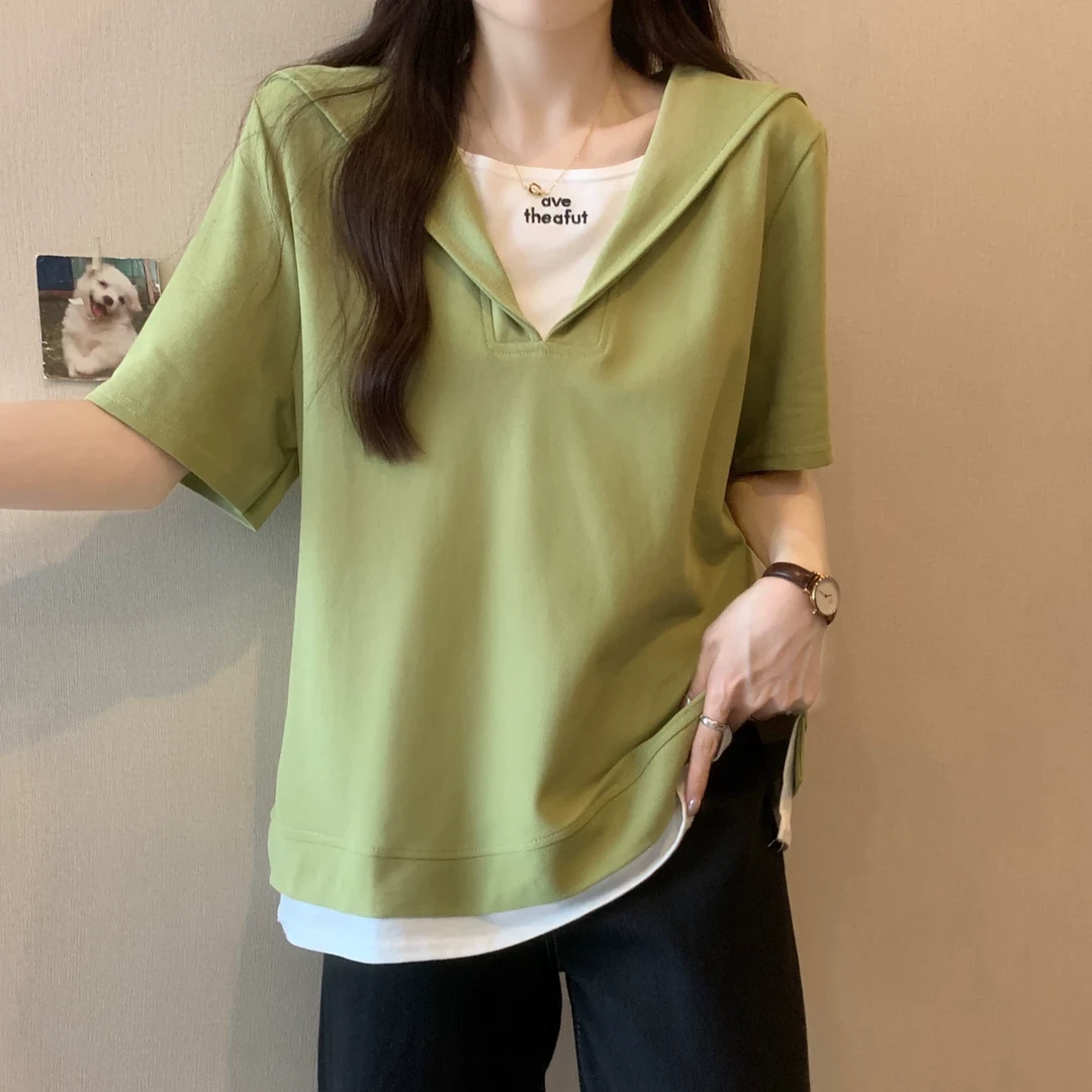 大码女装夏季假两件海军领正肩短袖T恤胖mm遮肚子设计感半袖上衣