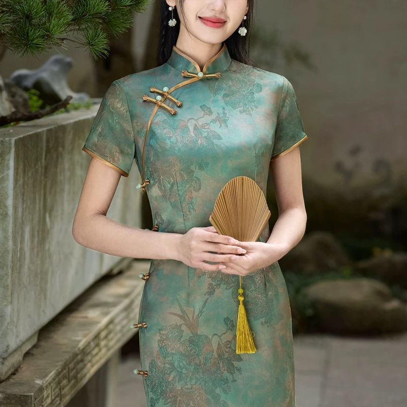 新中式绝美旗袍民国风夏季2025新款高端老上海绿色晚礼服日常可穿