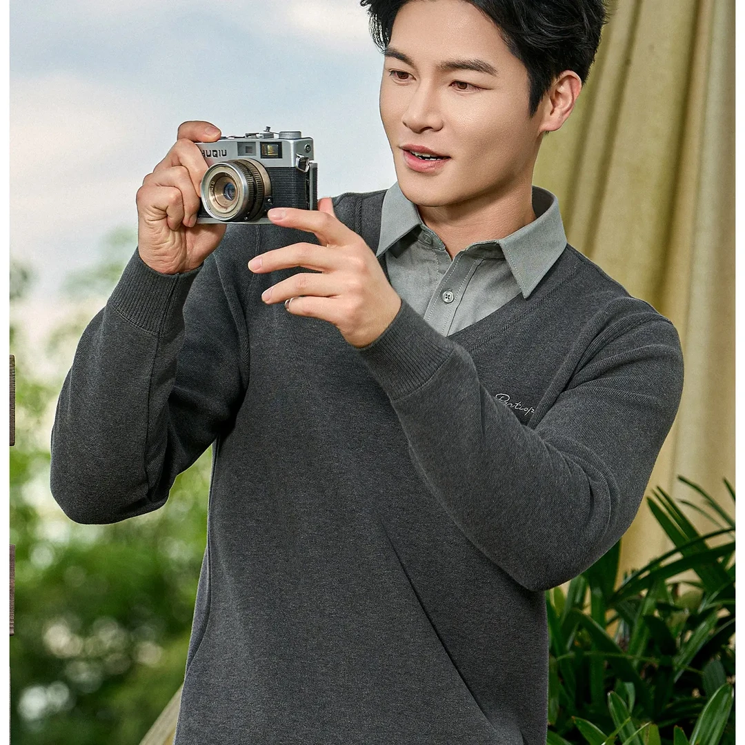 男士秋冬加绒加厚假两件衬衫领针织打底毛衣