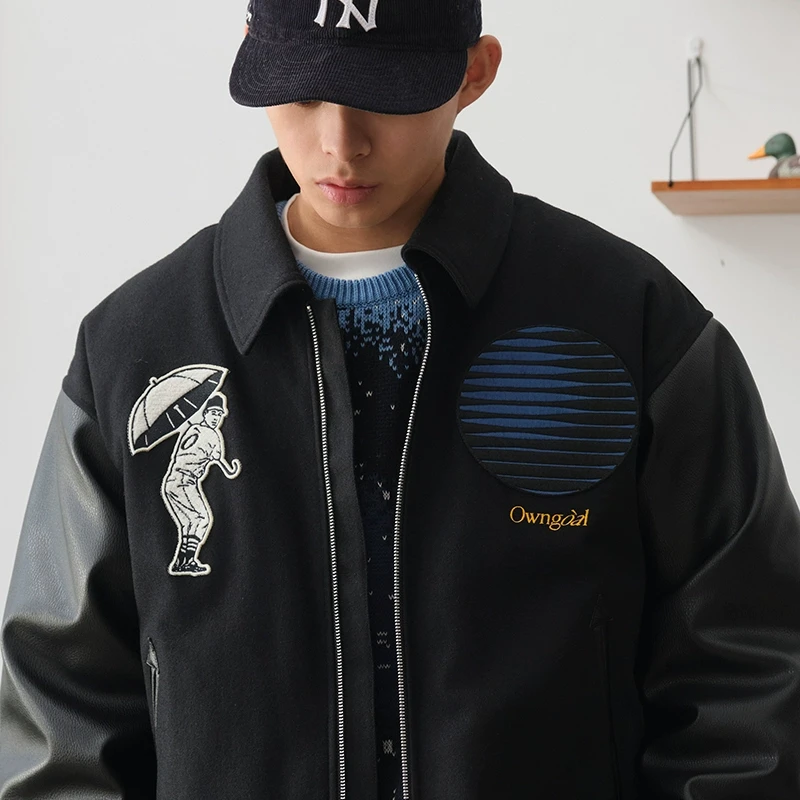 Battles 拉链棒球夹克毛呢羊毛混纺重磅夹棉皮袖外套美式宽松休闲