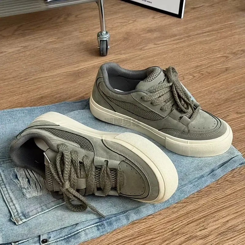 原创设计墨绿男鞋干净感痞帅板鞋2025新款秋季小众厚底面包鞋子男