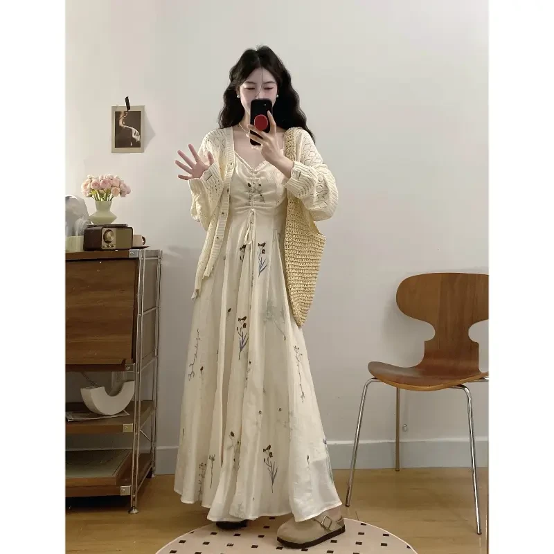 大码南枝杏调法式气质连衣裙女褶皱感水草花复古刺绣长裙小开衫