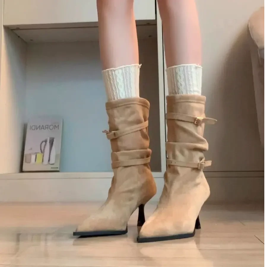 【小C&K专柜正品】气质复古褶皱堆堆靴显瘦西部靴高跟短靴女瘦瘦靴