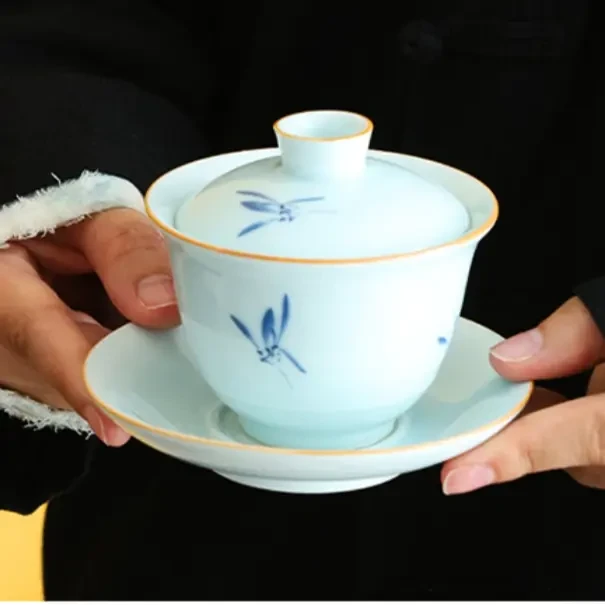 青瓷玉兰花三才盖碗中式简约大容量泡茶盖碗-4188