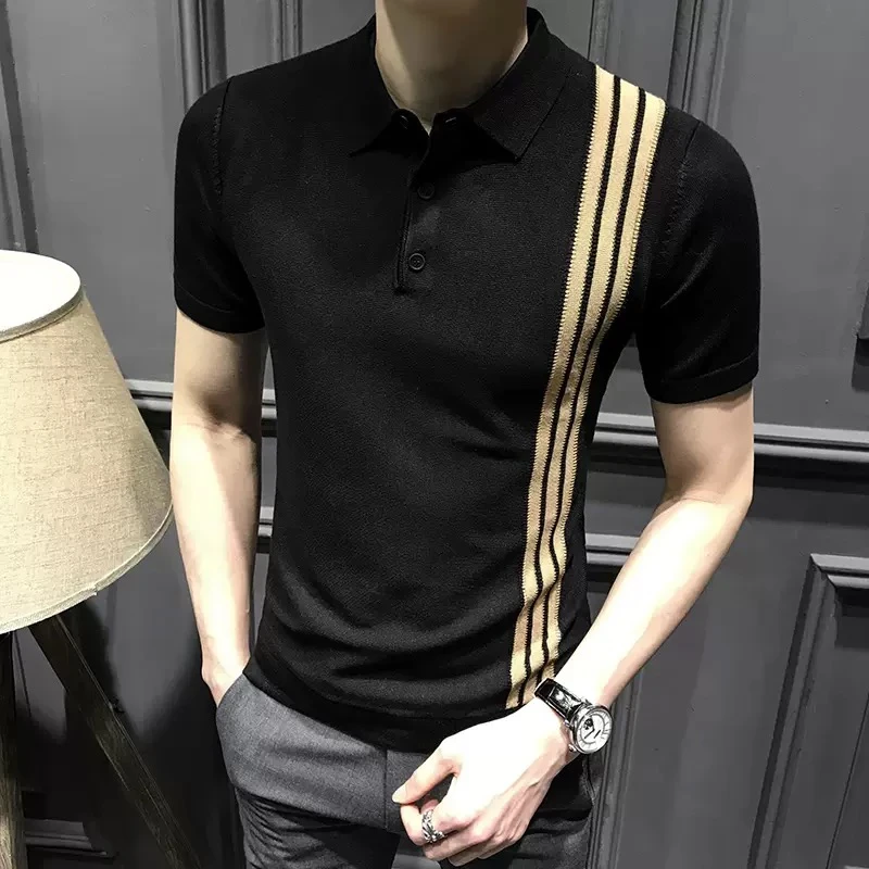 夏季翻领T恤衫高端2025新款青年男士轻奢高级感polo衫针织短袖潮