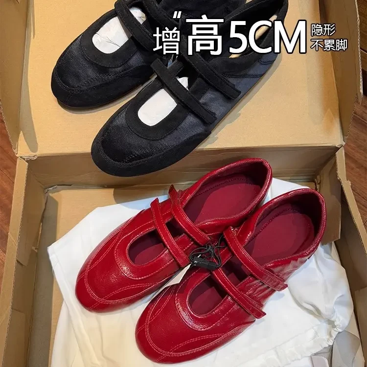 羊皮版~隐形增高5CM魔术贴芭蕾舞鞋女2025新款休闲百搭奶奶单鞋