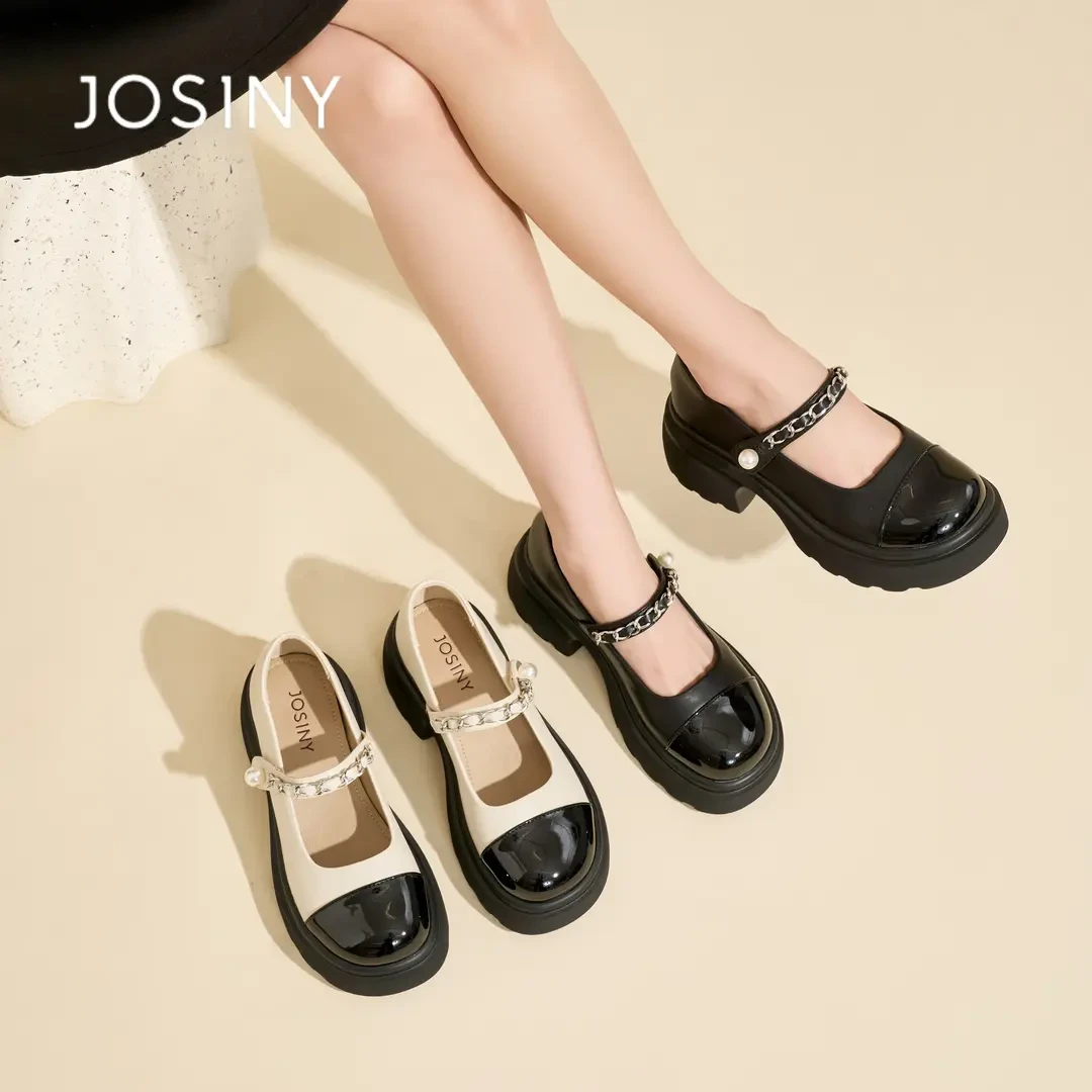 卓诗尼2025春季新爆款温柔玛丽珍女鞋气质时尚拼色耐磨增高小皮鞋