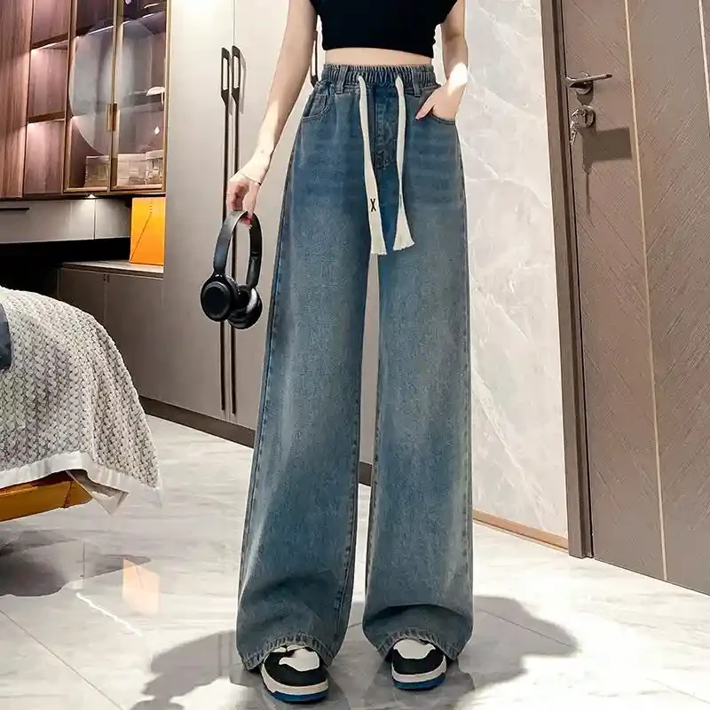 牛仔裤女春季新款加大码胖mm宽松直筒裤显瘦松紧腰抽绳阔腿裤子潮