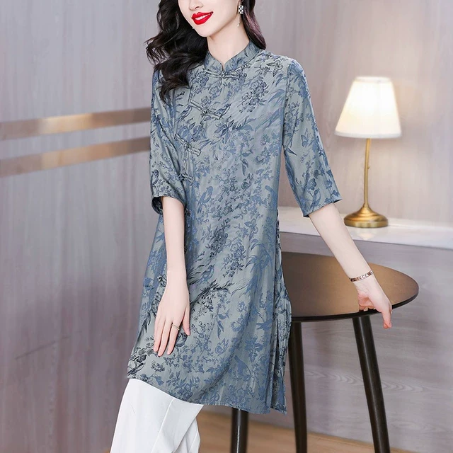 中国风旗袍式长款衬衫女夏季2025新款贵夫人复古盘扣立领碎花上衣