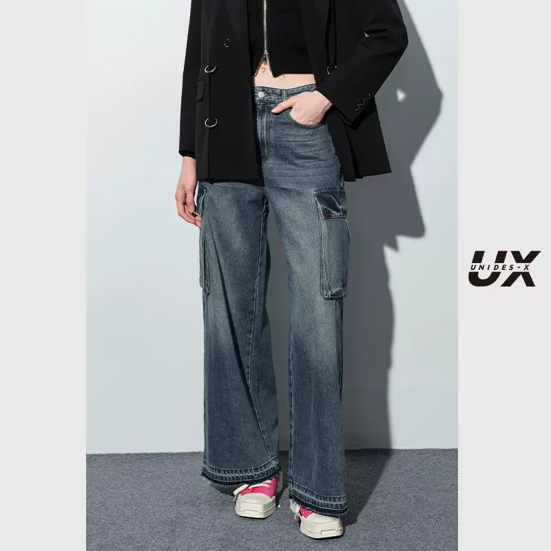 UX2025新款 工装口袋牛仔裤女 通勤宽松直筒休闲裤 百搭单品