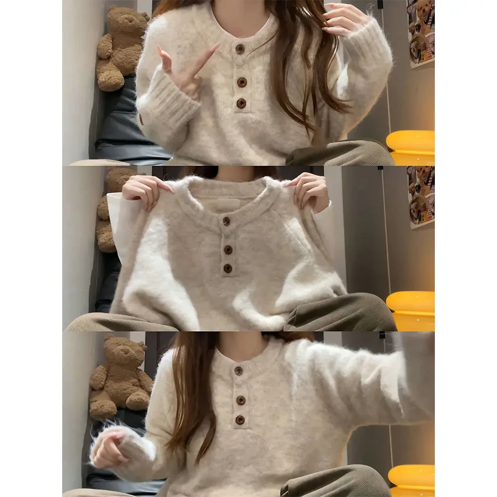 袖口标套头针织衫女秋冬宽松慵懒风显瘦韩版百搭休闲显瘦毛衣