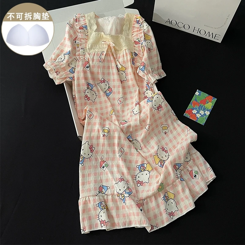 粉色格子睡裙女新款夏季带胸垫宽松短袖睡衣可爱kt猫连衣裙家居服