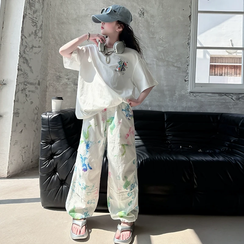 俏咪咕女童2025新款洋气夏款休闲时尚个性扎染工装裤印花两件套