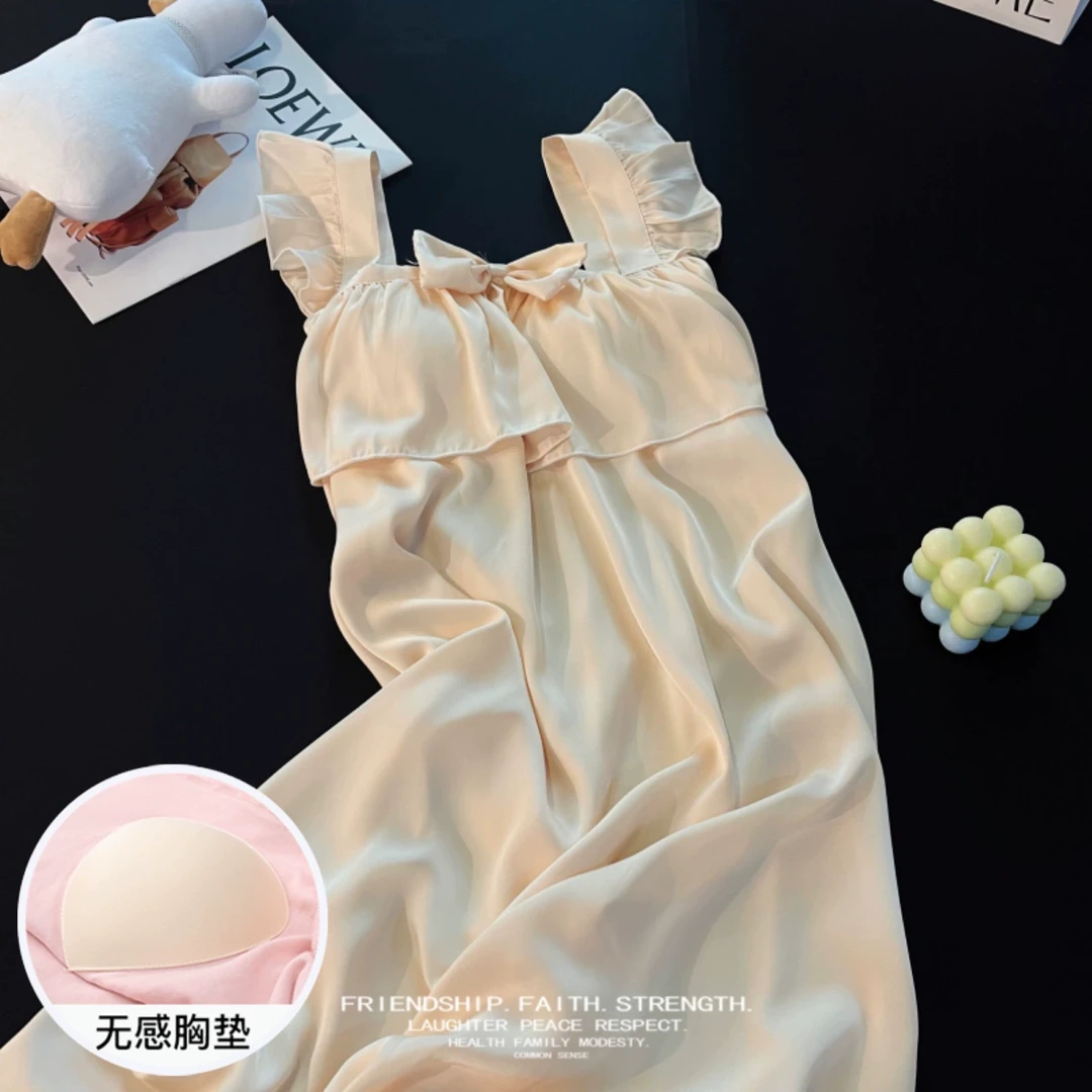 冰雪丝睡衣睡裙女夏季大码薄款凉感带胸垫飞飞袖杏色吊带裙家居服