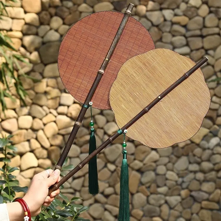 竹丝腰扇折叠扇国风团扇手工编织扇子复古大漆麈尾团扇紫竹柄蒲扇