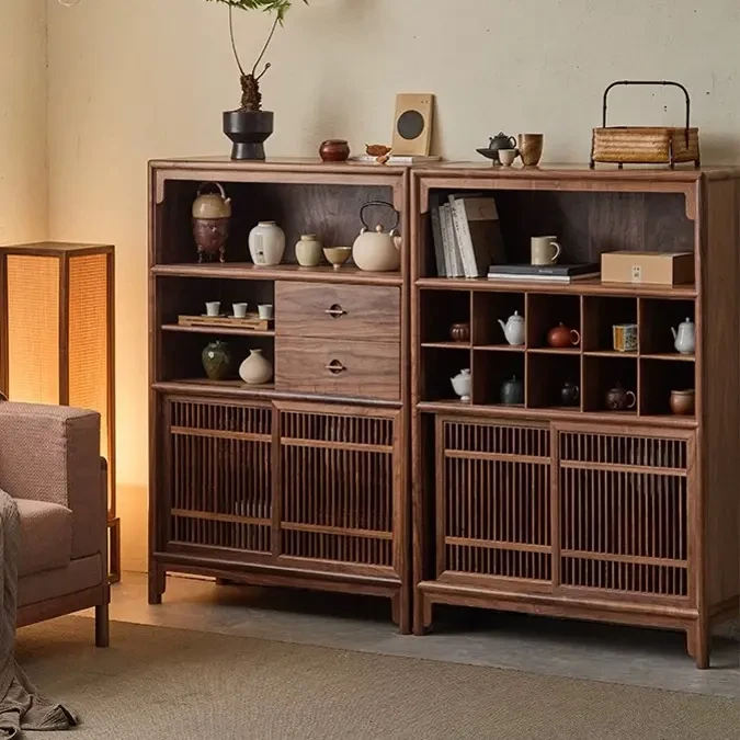 新中式黑胡桃木色置物架多宝阁茶柜书柜置物架展示柜茶室收纳柜