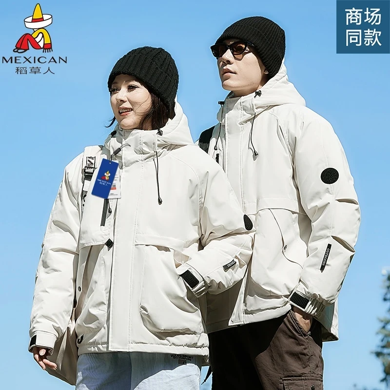 稻草人春秋季棉衣防水潮流连帽加绒情侣长袖男士棉服橡筋下摆防寒