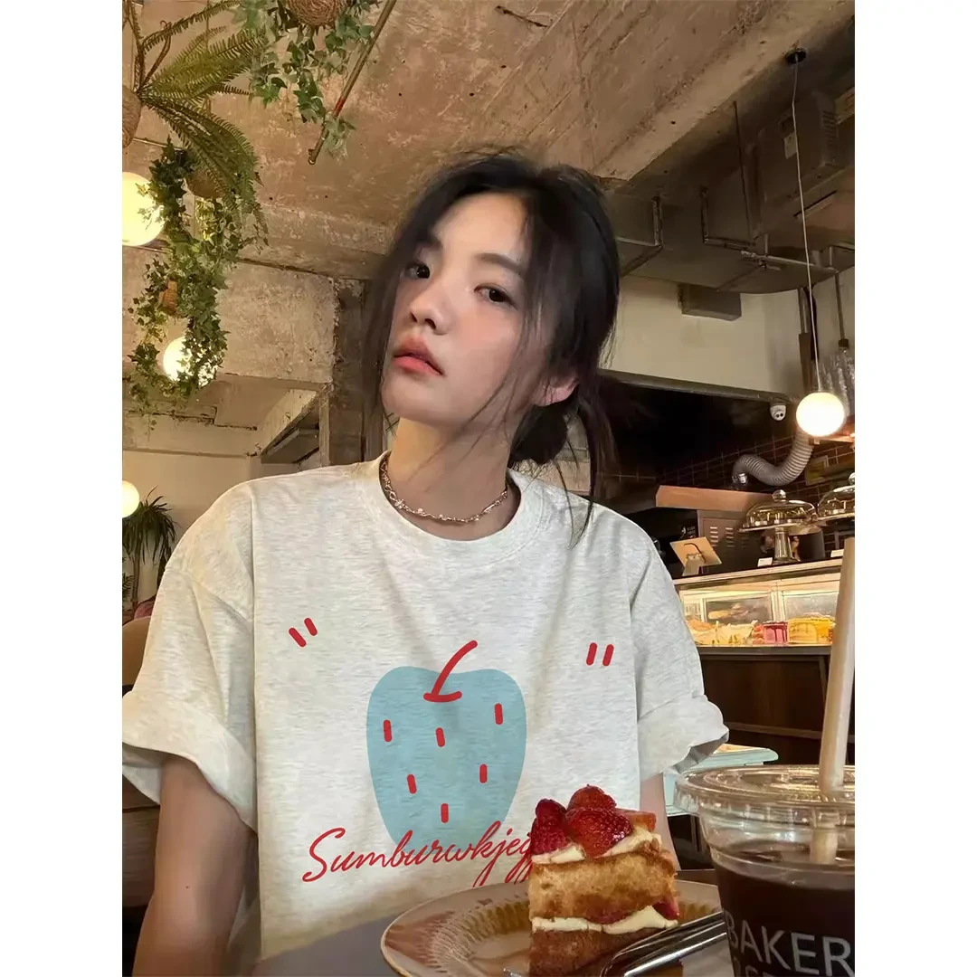 夏季纯棉短袖显瘦T恤设计感苹果印花慵懒风休闲百搭圆领半袖上衣
