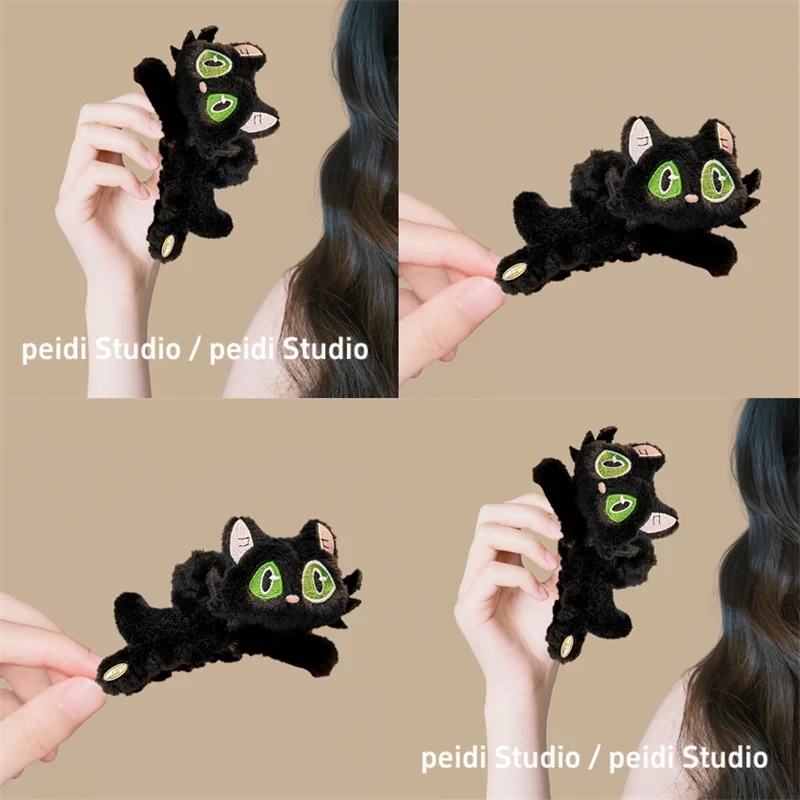 难得可爱~毛绒绒猫咪抓夹秋冬毛绒绒卡通可爱发夹子鲨鱼夹盘发器