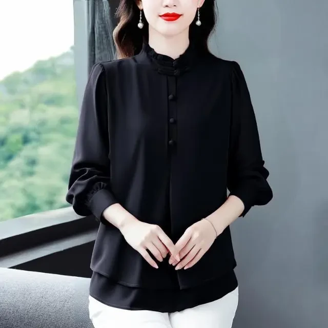 大码休闲雪纺长袖衬衫女士春秋2025新款春装衬衣女中年妈妈装上衣