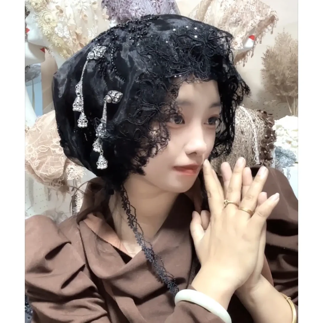 纯棉白色重工流苏丝带手工缝制轻纱包头帽子新款轻奢