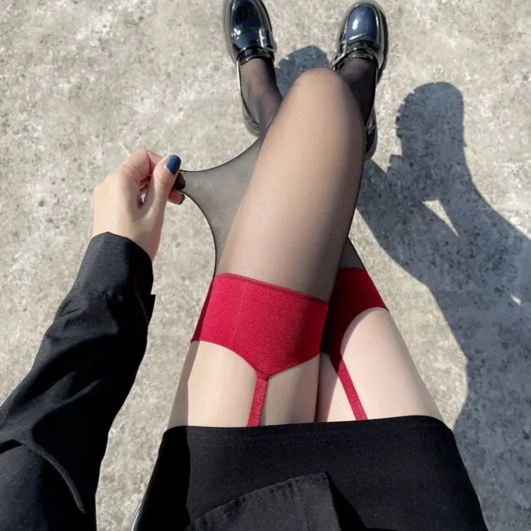 纯欲红色丝袜女撞色红边黑丝吊带袜长筒袜中筒袜超薄防勾丝连裤袜