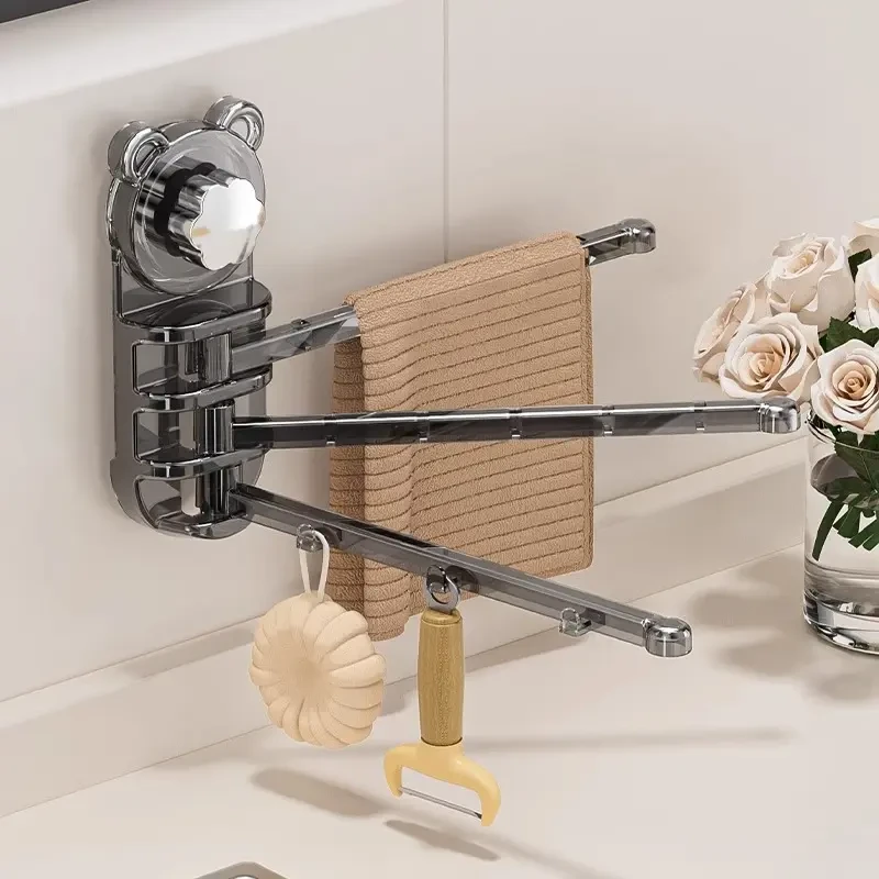 厨房吸盘抹布架免打孔旋转式多杆沥水置物架浴室毛巾专用收纳挂架