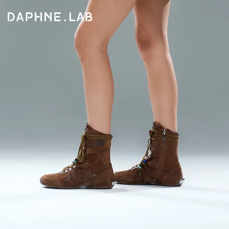 DAPHNELAB琥珀流光方糖拳击靴复古质感猎装拳击靴复古绑带中筒靴