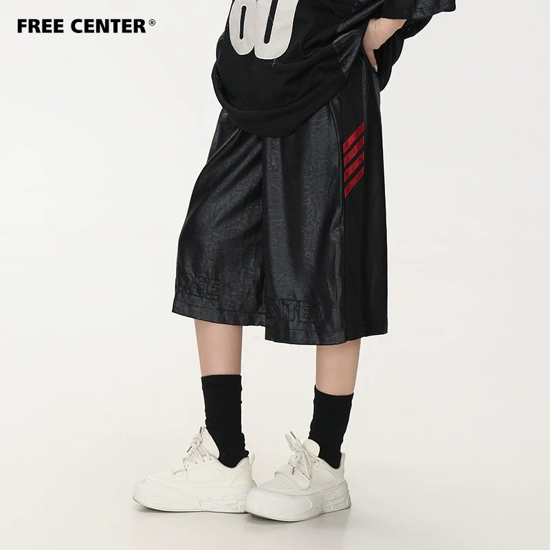 Free Center 仿皮质肌理感美式七分裤夏季新款男女同款宽松运短裤