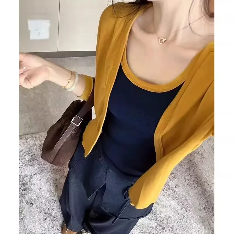 2025早秋新款韩版时尚百搭长袖女显瘦减龄打底衫背心两件套高级感