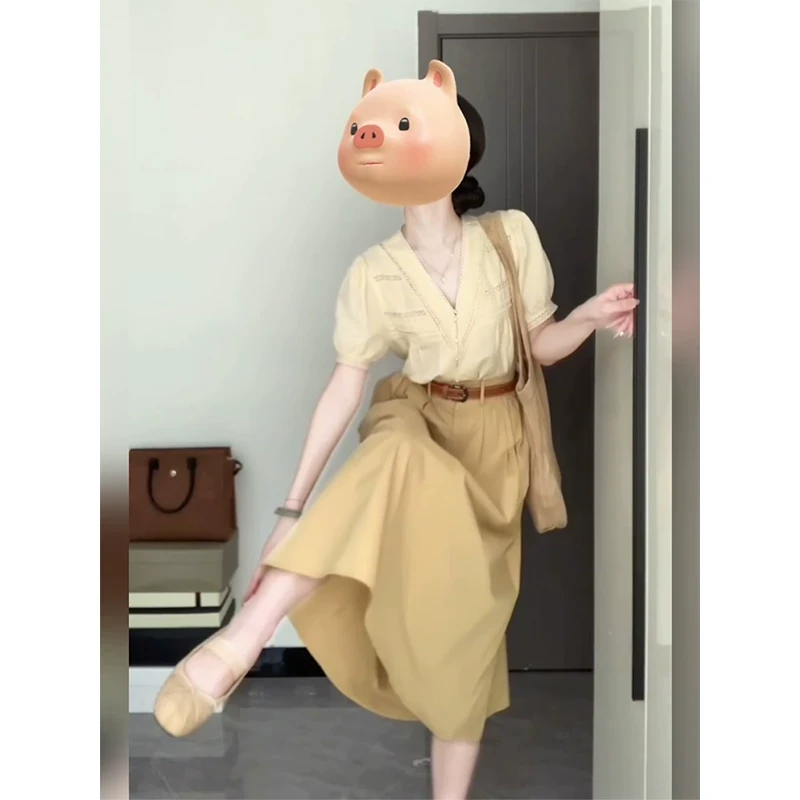 夏装通勤搭配一整套女2025夏季新款盐系轻熟短袖衬衫半身裙两件套