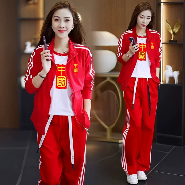 中国红网红款宽松休闲衣裤卫衣运动服套装女装2025新款爆款秋冬装