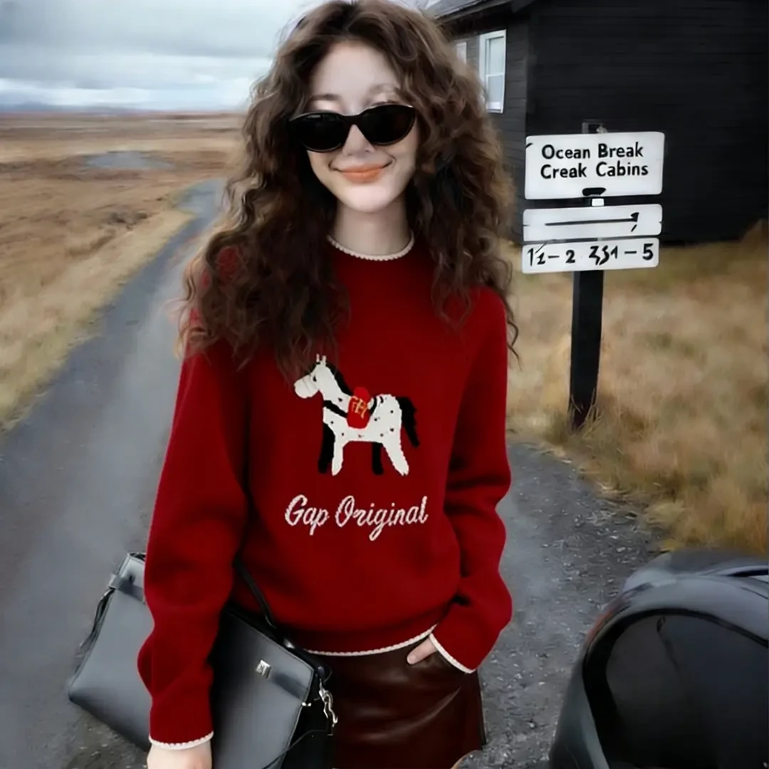 2025冬季本命年氛围感穿搭高级感超好看不撞款红色小马针织衫女