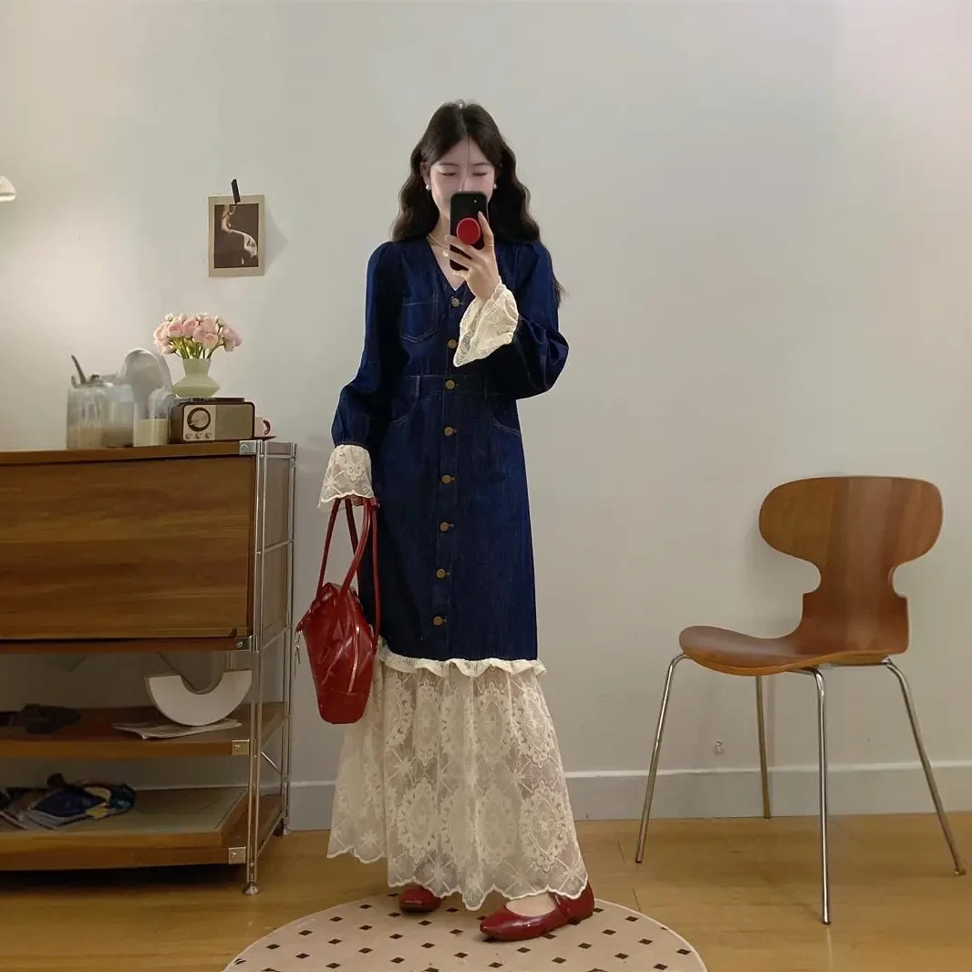 大码早秋新款法式复古牛仔气质收腰长袖蕾丝拼接长裙连衣裙