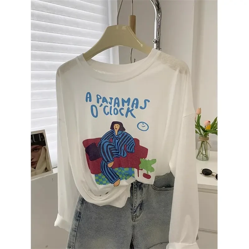 防晒衣女夏季新款薄款冰爽透气宽松休闲卡通圆领长袖外搭防晒罩衫