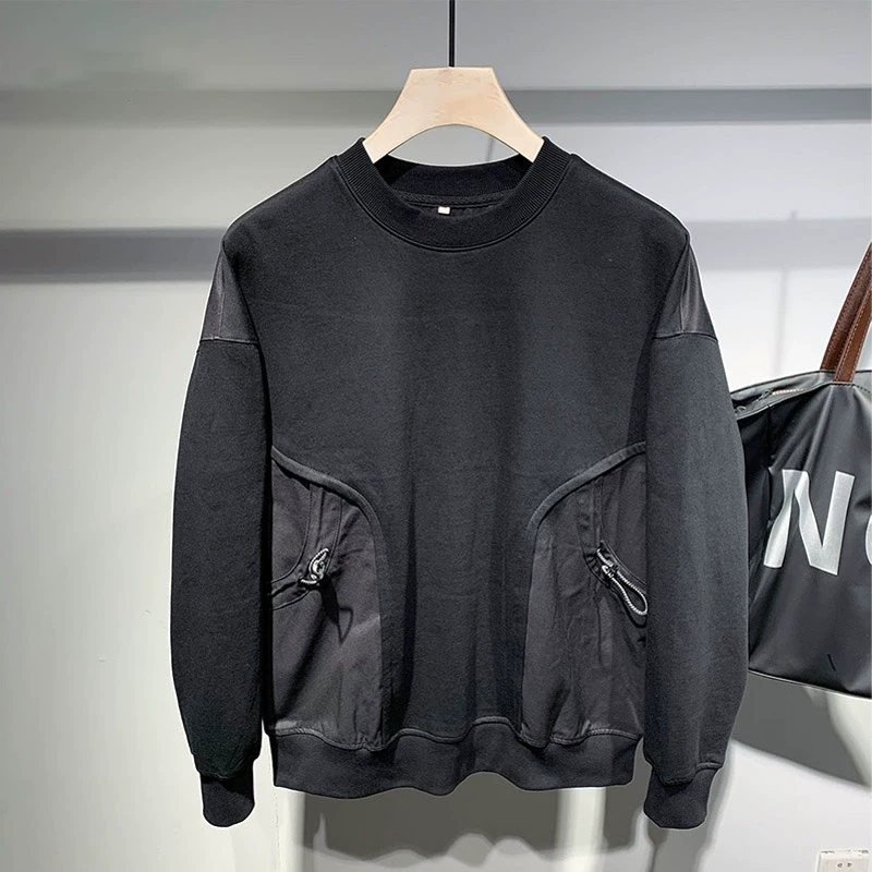 TELINLU日系时尚包边抽绳大口袋落肩上衣男秋季青年宽松拼接卫衣