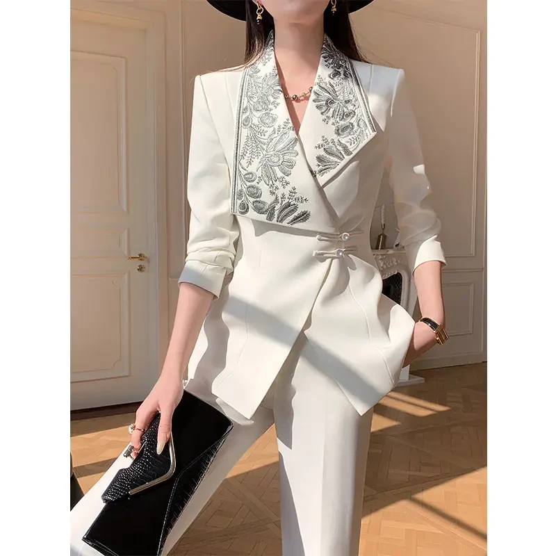 白色国风刺绣西装套装女2025春季新款新中式西服高端职业时尚正装