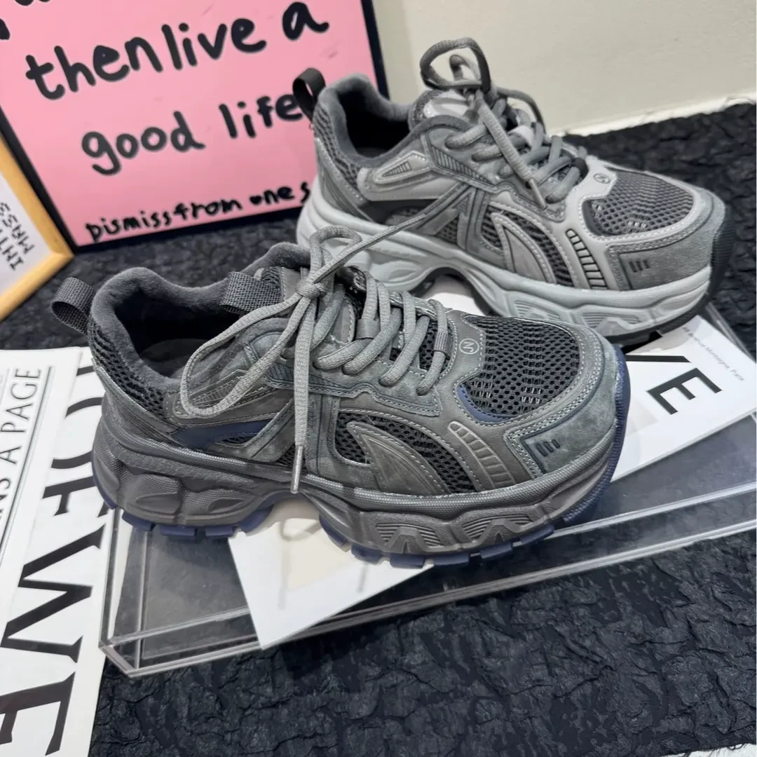 欧洲站爆款真皮厚底时尚老爹鞋女2025冬季加绒百搭轻便运动休闲鞋